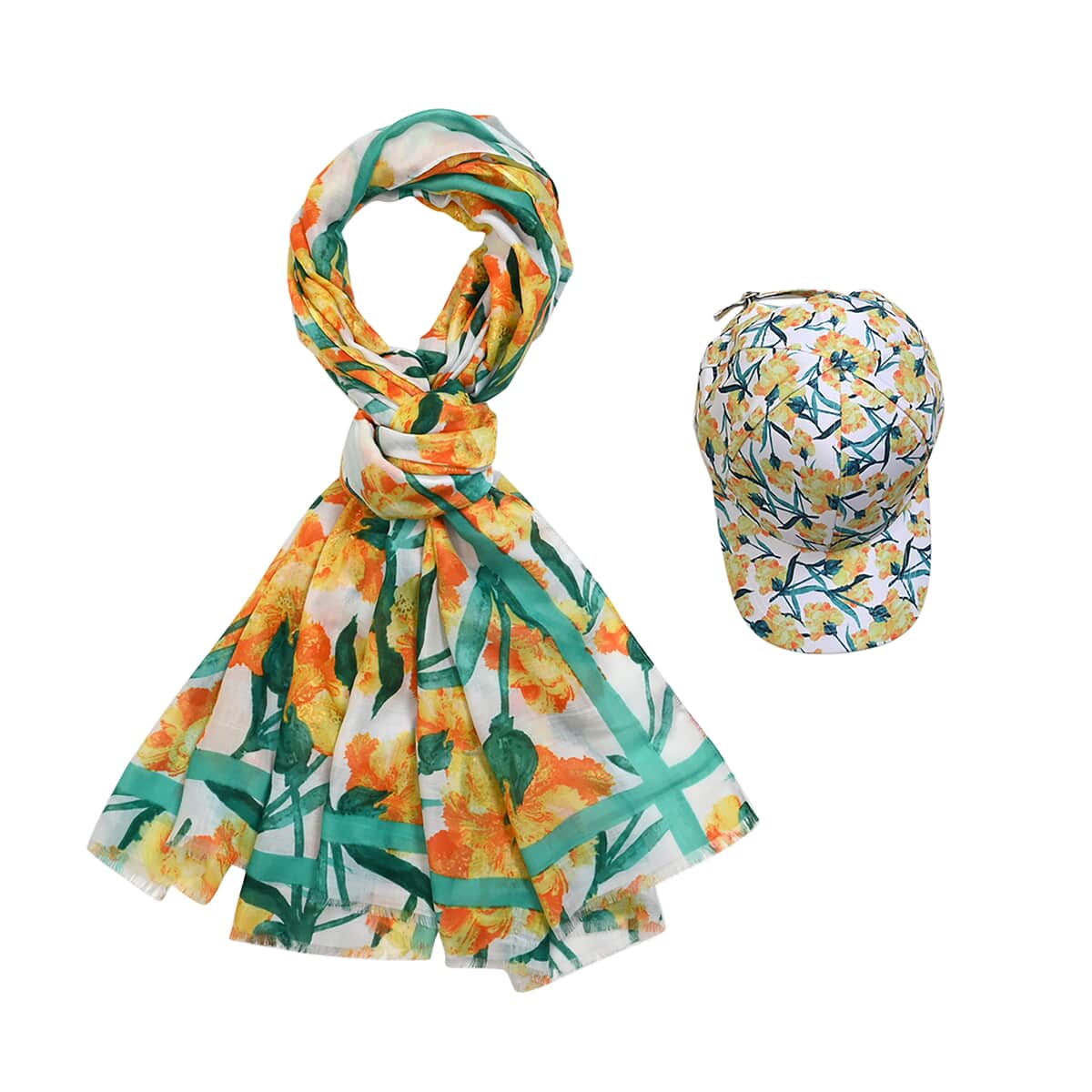 Green and Yellow Floral Printed Women's Scarf and Baseball Cap Set image number 0