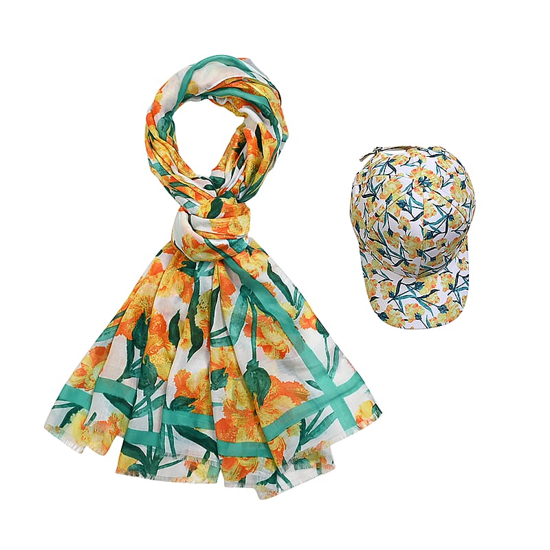 Green and Yellow Floral Printed Women's Scarf and Baseball Cap Set