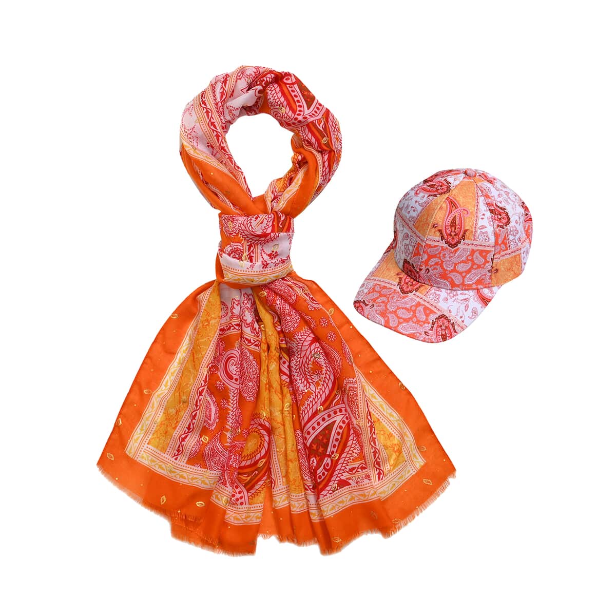 Orange Floral Printed Women's Scarf and Baseball Cap Set image number 0