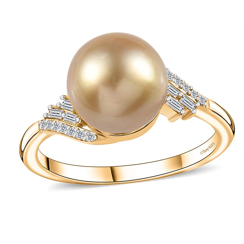 South Sea Golden Pearl 10-11mm and Moissanite Ring in Vermeil Yellow Gold Over Sterling Silver (Size 10.0) 0.20 ctw