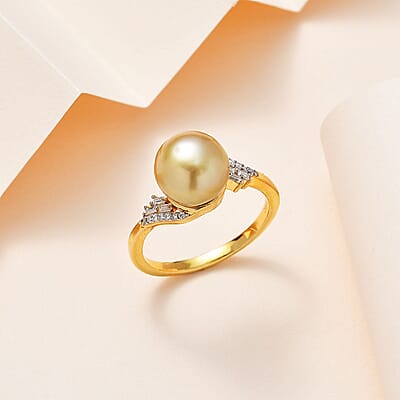 South Sea Golden Pearl 10-11mm and Moissanite Ring in Vermeil Yellow Gold Over Sterling Silver (Size 10.0) 0.20 ctw