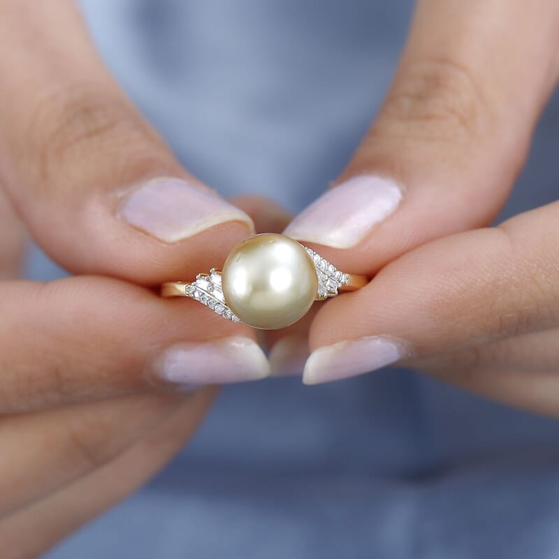 South Sea Golden Pearl 10-11mm and Moissanite Ring in Vermeil Yellow Gold Over Sterling Silver (Size 10.0) 0.20 ctw
