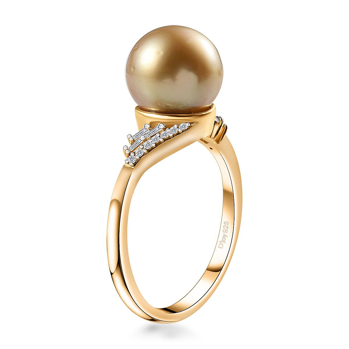 South Sea Golden Pearl 10-11mm and Moissanite Ring in Vermeil Yellow Gold Over Sterling Silver (Size 10.0) 0.20 ctw