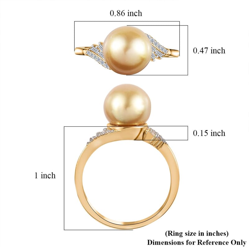 South Sea Golden Pearl 10-11mm and Moissanite Ring in Vermeil Yellow Gold Over Sterling Silver (Size 10.0) 0.20 ctw