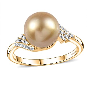 South Sea Golden Pearl and Moissanite Ring in Vermeil Yellow Gold Over Sterling Silver (Size 8.0) 0.20 ctw