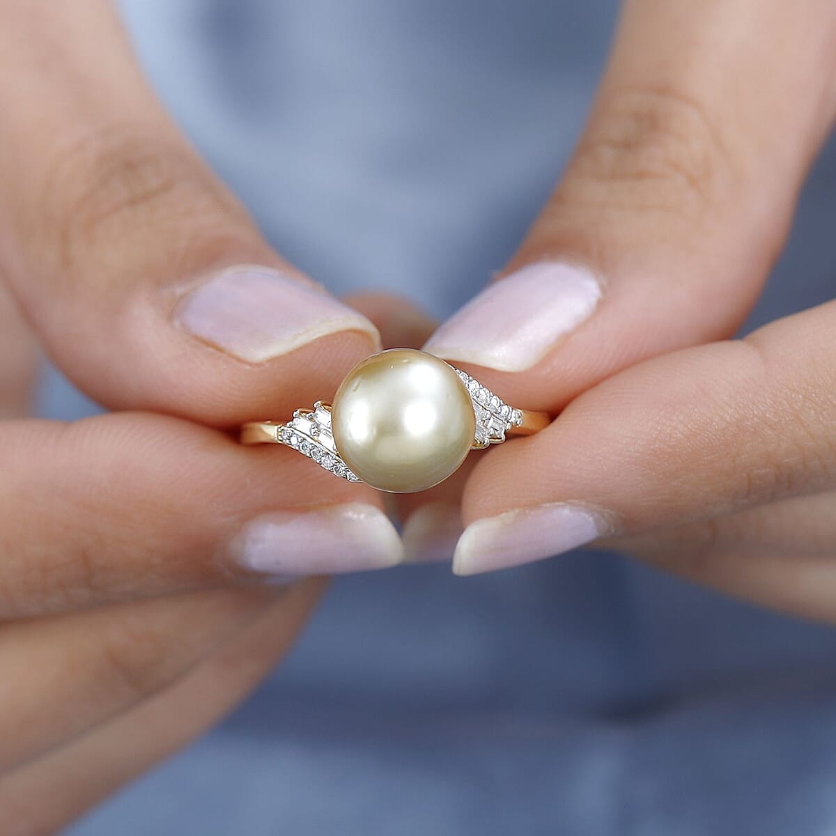 South Sea Golden Pearl 10-11mm and Moissanite Ring in Vermeil Yellow Gold Over Sterling Silver (Size 10.0) 0.20 ctw image number 2