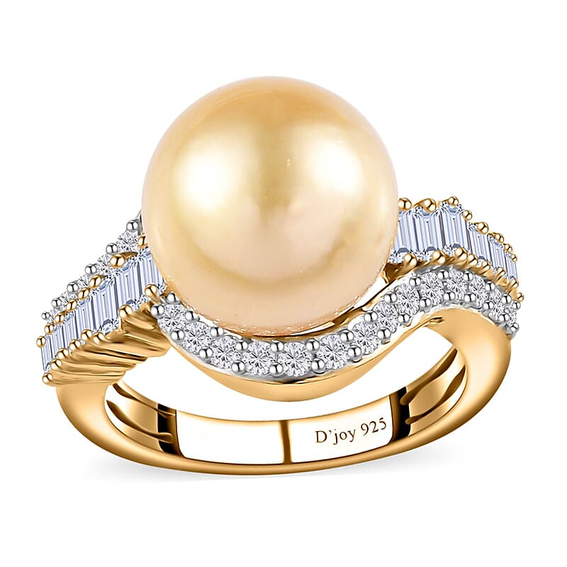 South Sea Golden Pearl and White Topaz Ring in Vermeil Yellow Gold Over Sterling Silver (Size 10.0) 1.00 ctw
