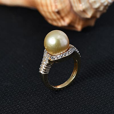 South Sea Golden Pearl and White Topaz Ring in Vermeil Yellow Gold Over Sterling Silver (Size 10.0) 1.00 ctw
