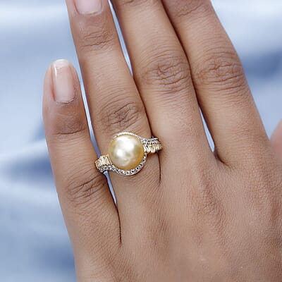 South Sea Golden Pearl and White Topaz Ring in Vermeil Yellow Gold Over Sterling Silver (Size 10.0) 1.00 ctw