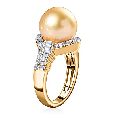 South Sea Golden Pearl and White Topaz Ring in Vermeil Yellow Gold Over Sterling Silver (Size 10.0) 1.00 ctw