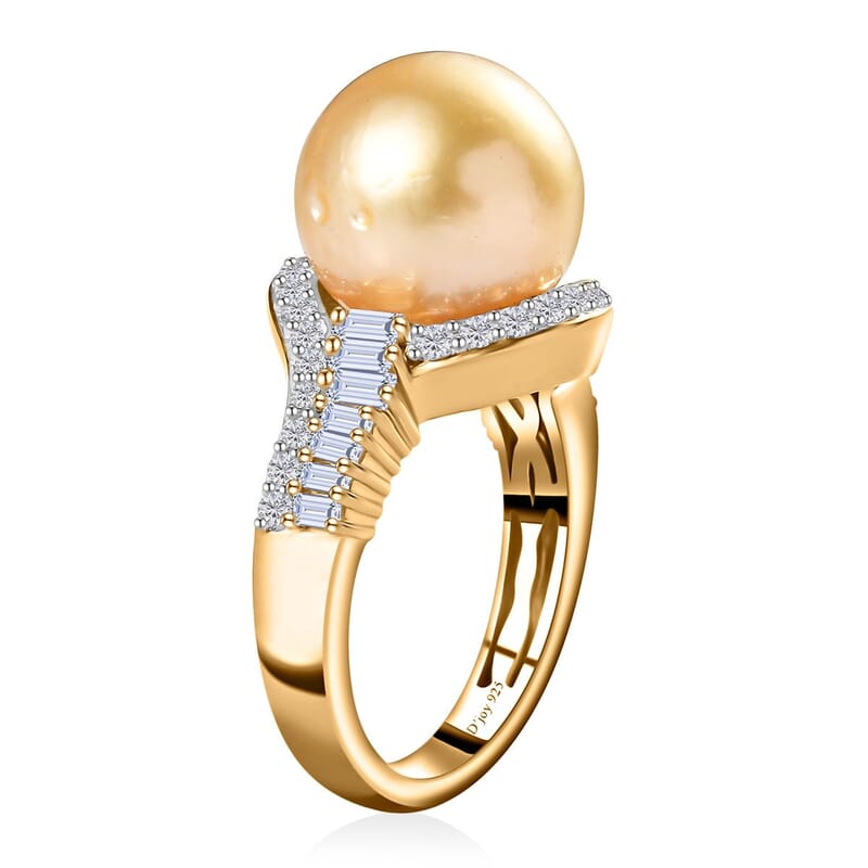 South Sea Golden Pearl and White Topaz Ring in Vermeil Yellow Gold Over Sterling Silver (Size 10.0) 1.00 ctw