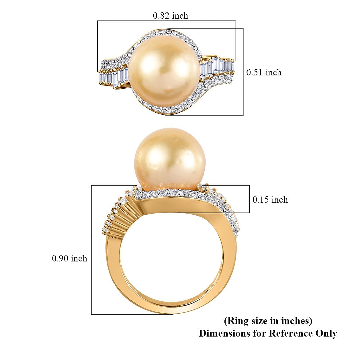 South Sea Golden Pearl and White Topaz Ring in Vermeil Yellow Gold Over Sterling Silver (Size 10.0) 1.00 ctw