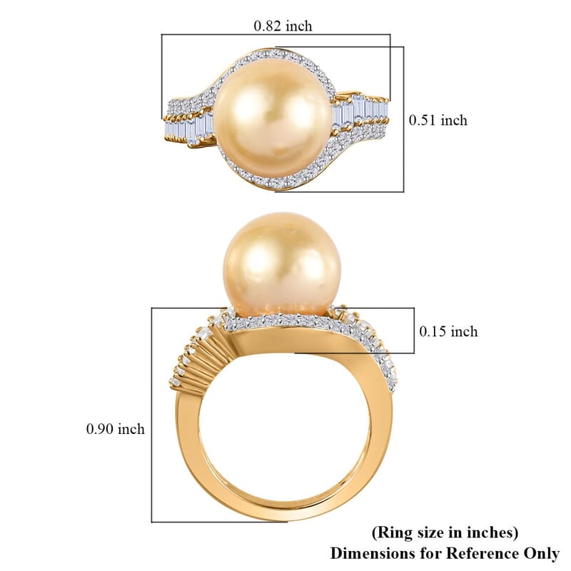 South Sea Golden Pearl and White Topaz Ring in Vermeil Yellow Gold Over Sterling Silver (Size 10.0) 1.00 ctw