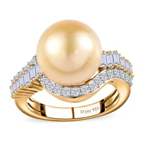 South Sea Golden Pearl and White Topaz Ring in Vermeil Yellow Gold Over Sterling Silver (Size 7.0) 1.00 ctw