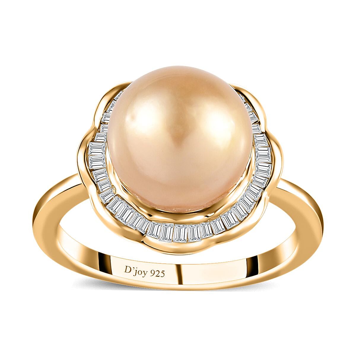 South Sea Golden Pearl and Diamond Floral Ring in Vermeil Yellow Gold Over Sterling Silver (Size 10.0) 0.40 ctw