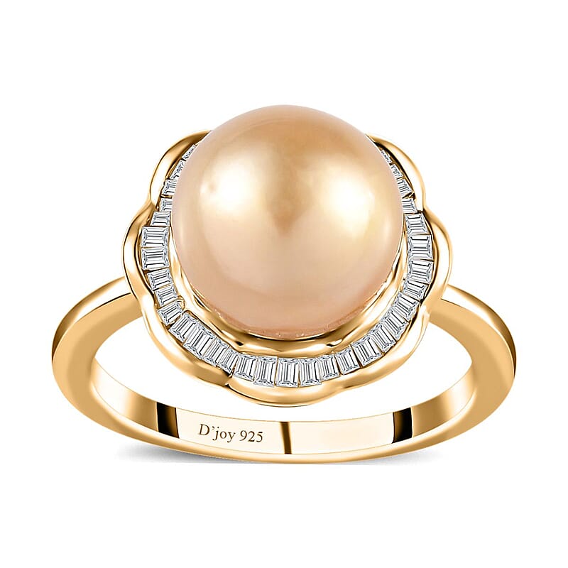 South Sea Golden Pearl and Diamond Floral Ring in Vermeil Yellow Gold Over Sterling Silver (Size 10.0) 0.40 ctw