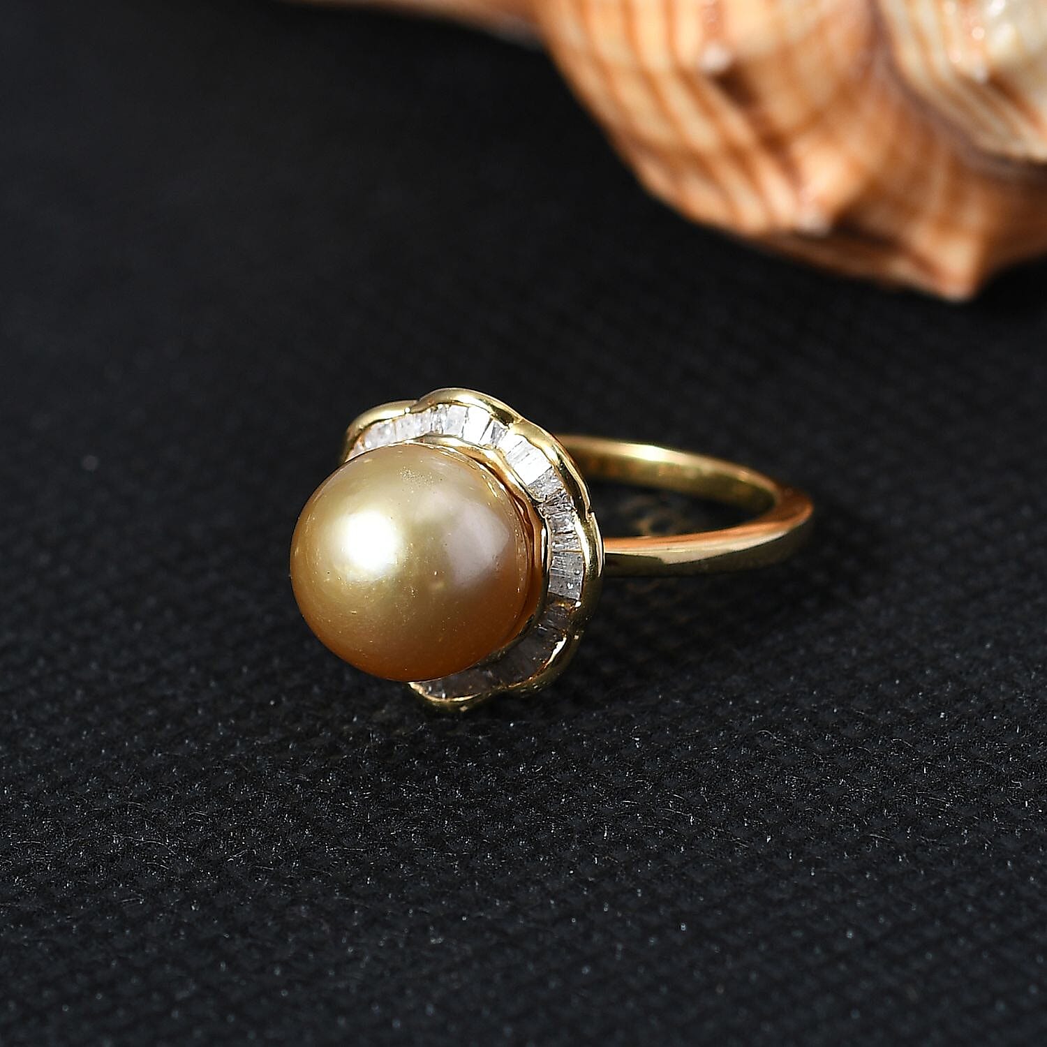 South Sea Golden Pearl and Diamond Floral Ring in Vermeil Yellow Gold Over Sterling Silver (Size 10.0) 0.40 ctw