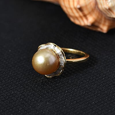 South Sea Golden Pearl and Diamond Floral Ring in Vermeil Yellow Gold Over Sterling Silver (Size 10.0) 0.40 ctw