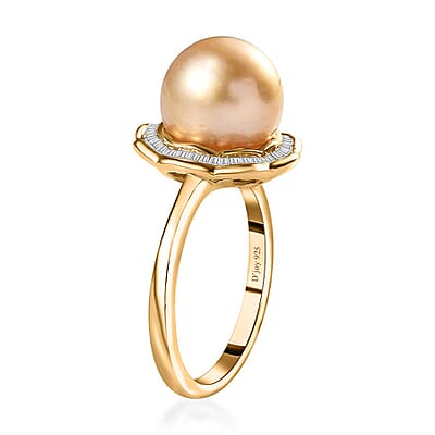 South Sea Golden Pearl and Diamond Floral Ring in Vermeil Yellow Gold Over Sterling Silver (Size 10.0) 0.40 ctw