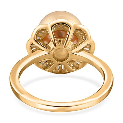 South Sea Golden Pearl and Diamond Floral Ring in Vermeil Yellow Gold Over Sterling Silver (Size 10.0) 0.40 ctw