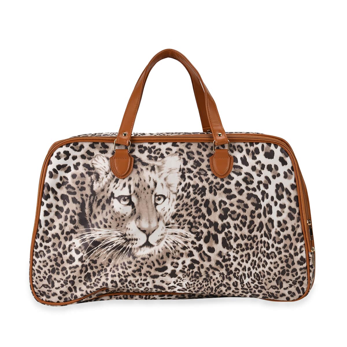 Brown Leopard Head Print Faux Leather Travel Bag with Handle Drops image number 0