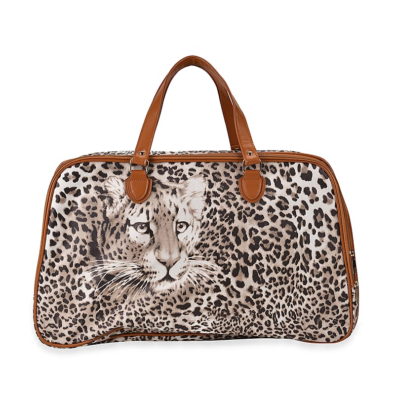 Brown Leopard Head Print Faux Leather Travel Bag (21.7x13x8.3) with Handle Drops (5.5)