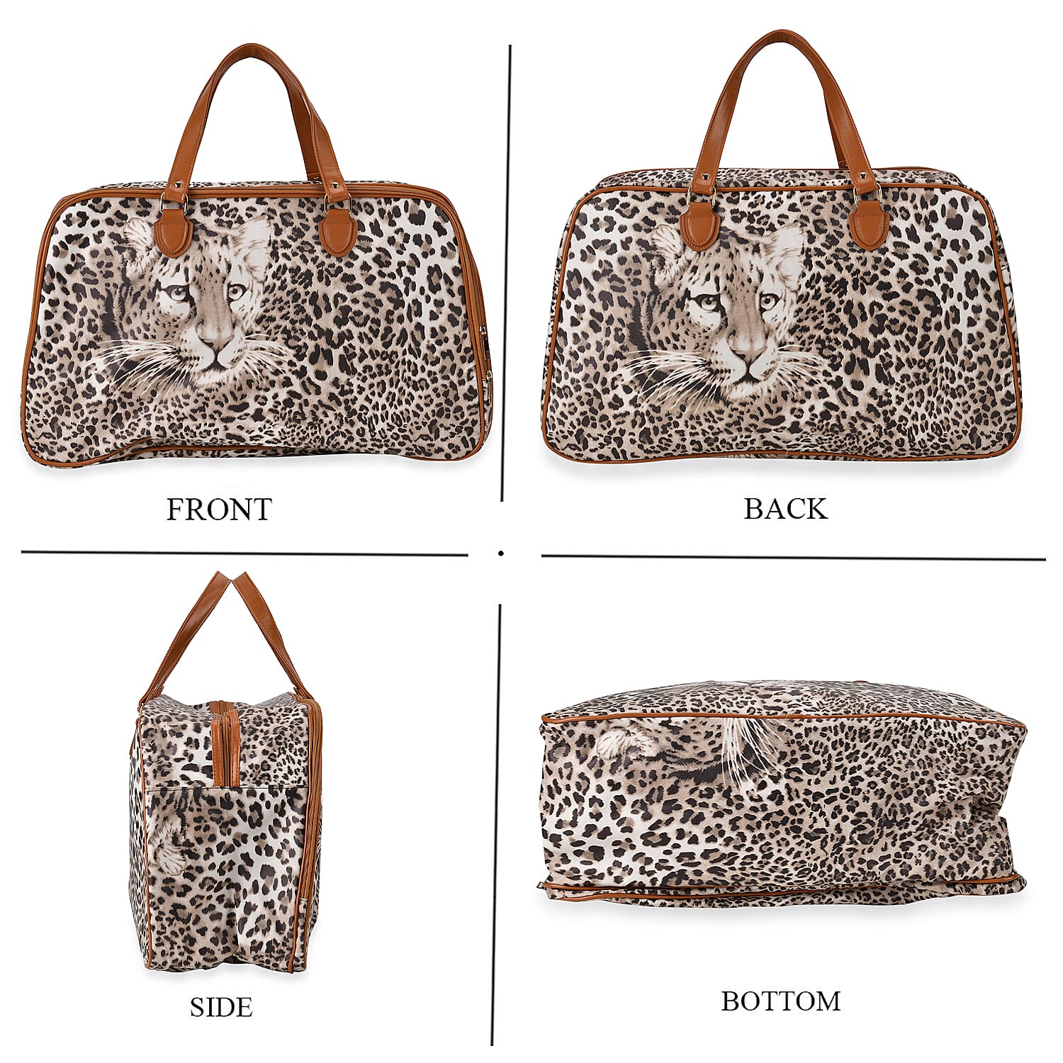 Brown Leopard Head Print Faux Leather Travel Bag (21.7x13x8.3) with Handle Drops (5.5)