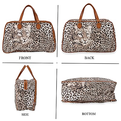 Brown Leopard Head Print Faux Leather Travel Bag (21.7x13x8.3) with Handle Drops (5.5)