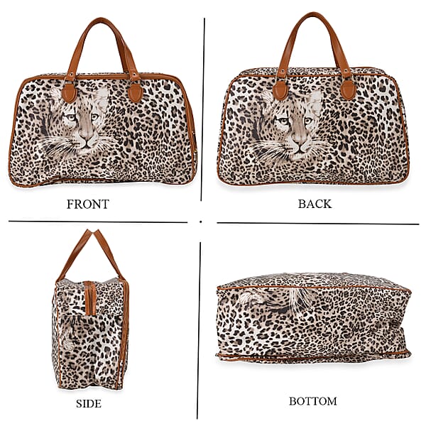 Brown Leopard Head Print Faux Leather Travel Bag (21.7x13x8.3) with Handle Drops (5.5)