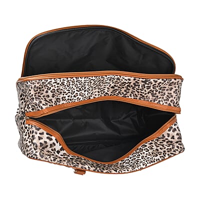 Brown Leopard Head Print Faux Leather Travel Bag (21.7x13x8.3) with Handle Drops (5.5)