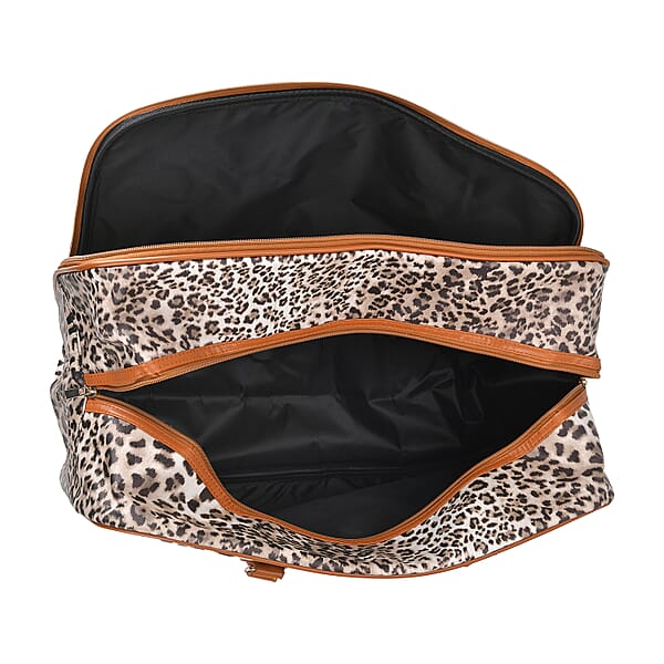 Brown Leopard Head Print Faux Leather Travel Bag (21.7x13x8.3) with Handle Drops (5.5)