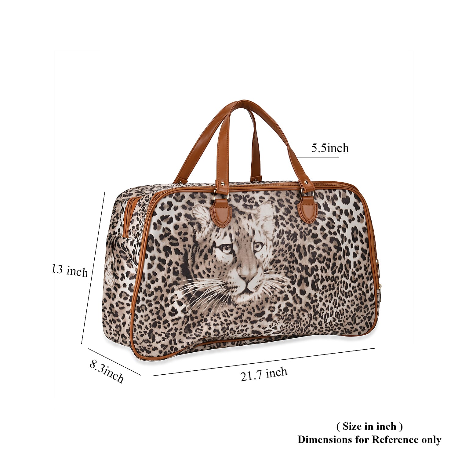 Brown Leopard Head Print Faux Leather Travel Bag (21.7x13x8.3) with Handle Drops (5.5)