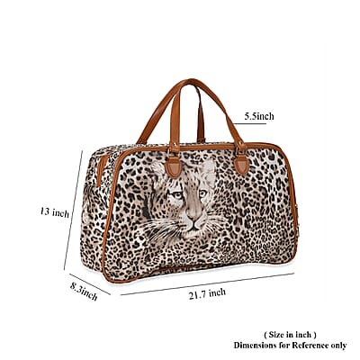 Brown Leopard Head Print Faux Leather Travel Bag (21.7x13x8.3) with Handle Drops (5.5)