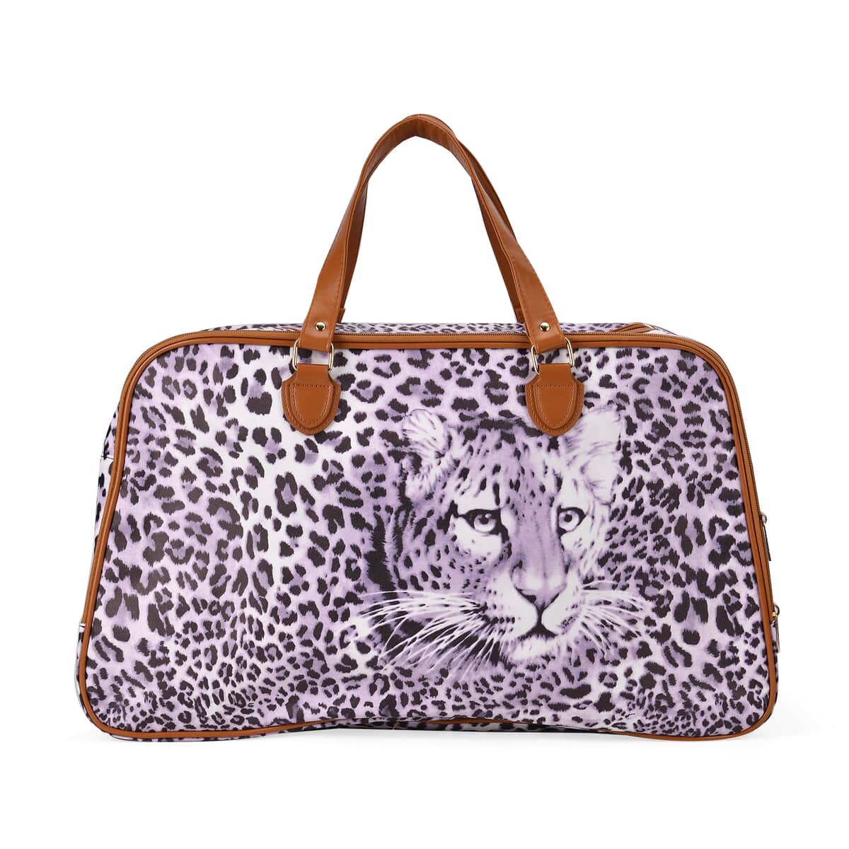 Purple Leopard Head Print Faux Leather Travel Bag with Handle Drops image number 0