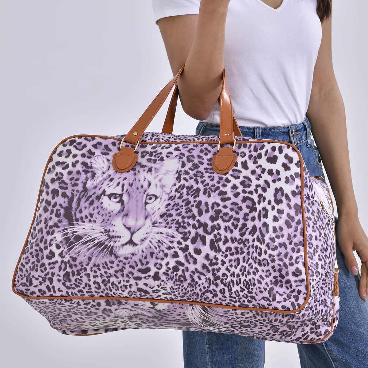 Purple Leopard Head Print Faux Leather Travel Bag with Handle Drops image number 2