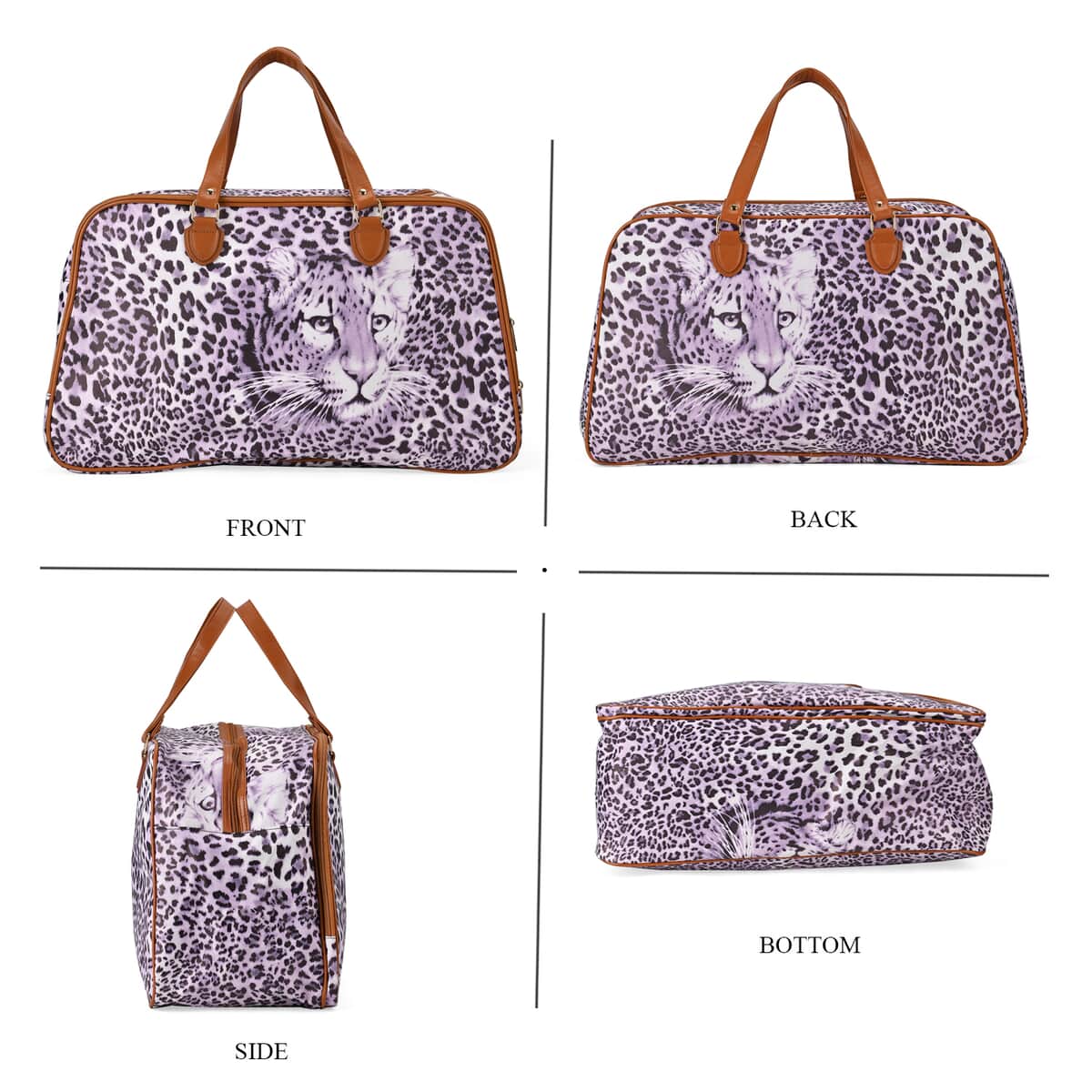 Purple Leopard Head Print Faux Leather Travel Bag with Handle Drops image number 3