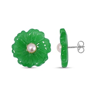 Green Jade (D) Carved Flower and Peach Freshwater Cultured Pearl Floral Stud Earrings in Rhodium Over Sterling Silver 25.00 ctw