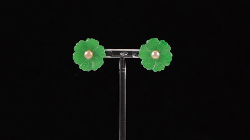 Green Jade Carved Flower, Peach Freshwater Cultured Pearl Floral Stud Earrings in Rhodium Over Sterling Silver 25.00 ctw