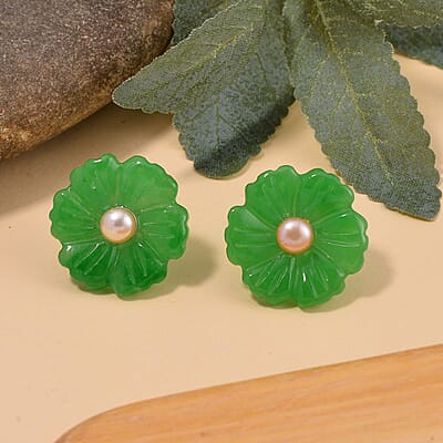 Green Jade (D) Carved Flower and Peach Freshwater Cultured Pearl Floral Stud Earrings in Rhodium Over Sterling Silver 25.00 ctw