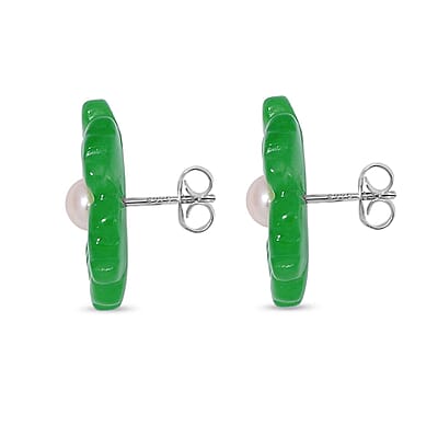 Green Jade (D) Carved Flower and Peach Freshwater Cultured Pearl Floral Stud Earrings in Rhodium Over Sterling Silver 25.00 ctw