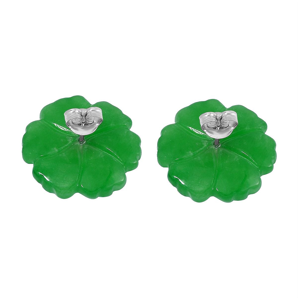 Green Jade (D) Carved Flower and Peach Freshwater Cultured Pearl Floral Stud Earrings in Rhodium Over Sterling Silver 25.00 ctw