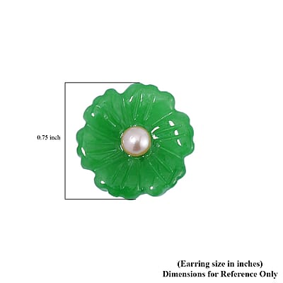 Green Jade (D) Carved Flower and Peach Freshwater Cultured Pearl Floral Stud Earrings in Rhodium Over Sterling Silver 25.00 ctw