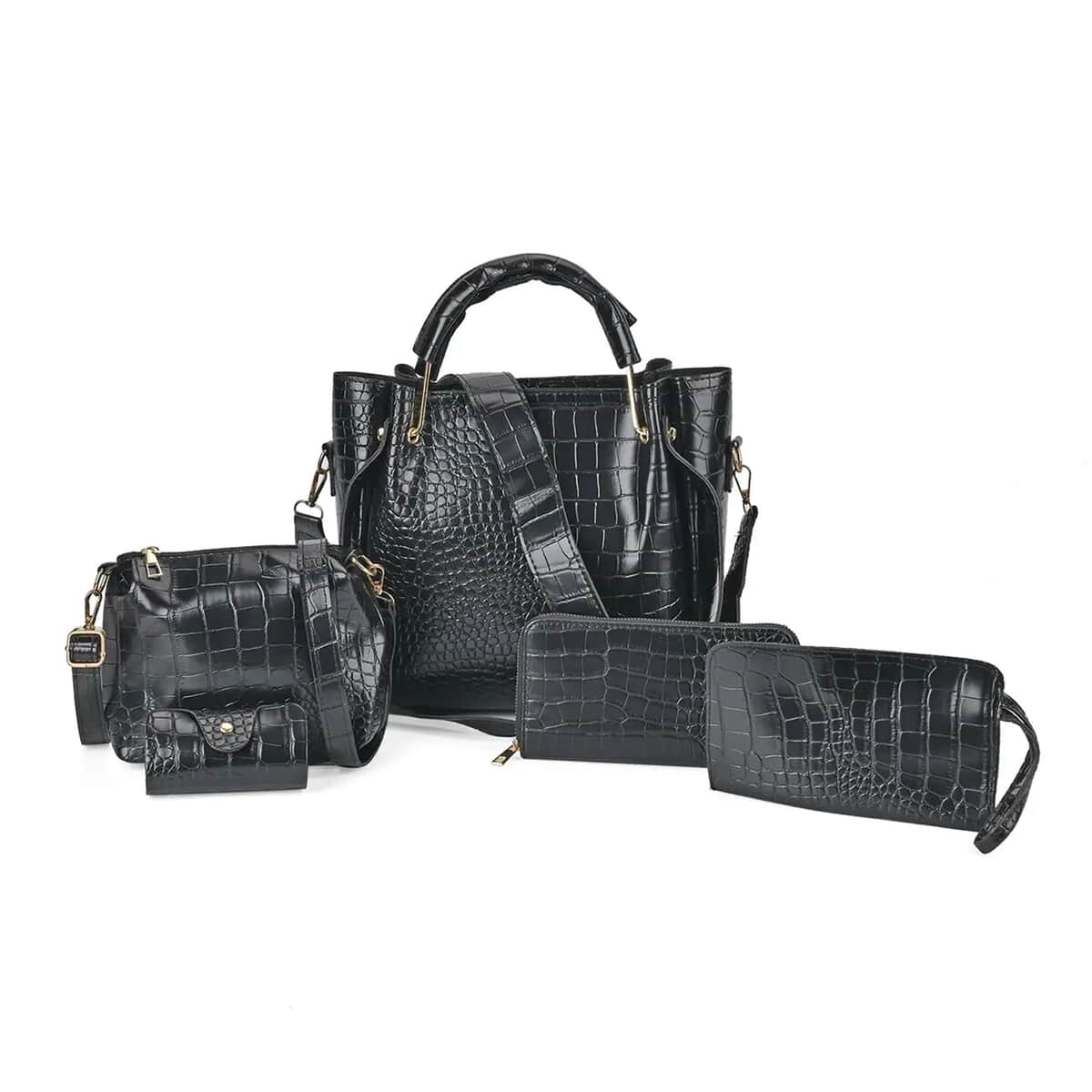 TLV Set of 5pcs Black Crocodile Embossed Faux Leather Tote Bag, Crossbody Bag, Wrist Pouch, Wallet and Card Holder (7.5"x3.9" - 9.8"x4.7"x9.4") image number 0