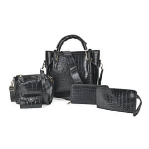 Set of 5pcs Crocodile Embossed Faux Leather Tote Bag, Crossbody Bag, Wrist Pouch, Wallet and Card Holder