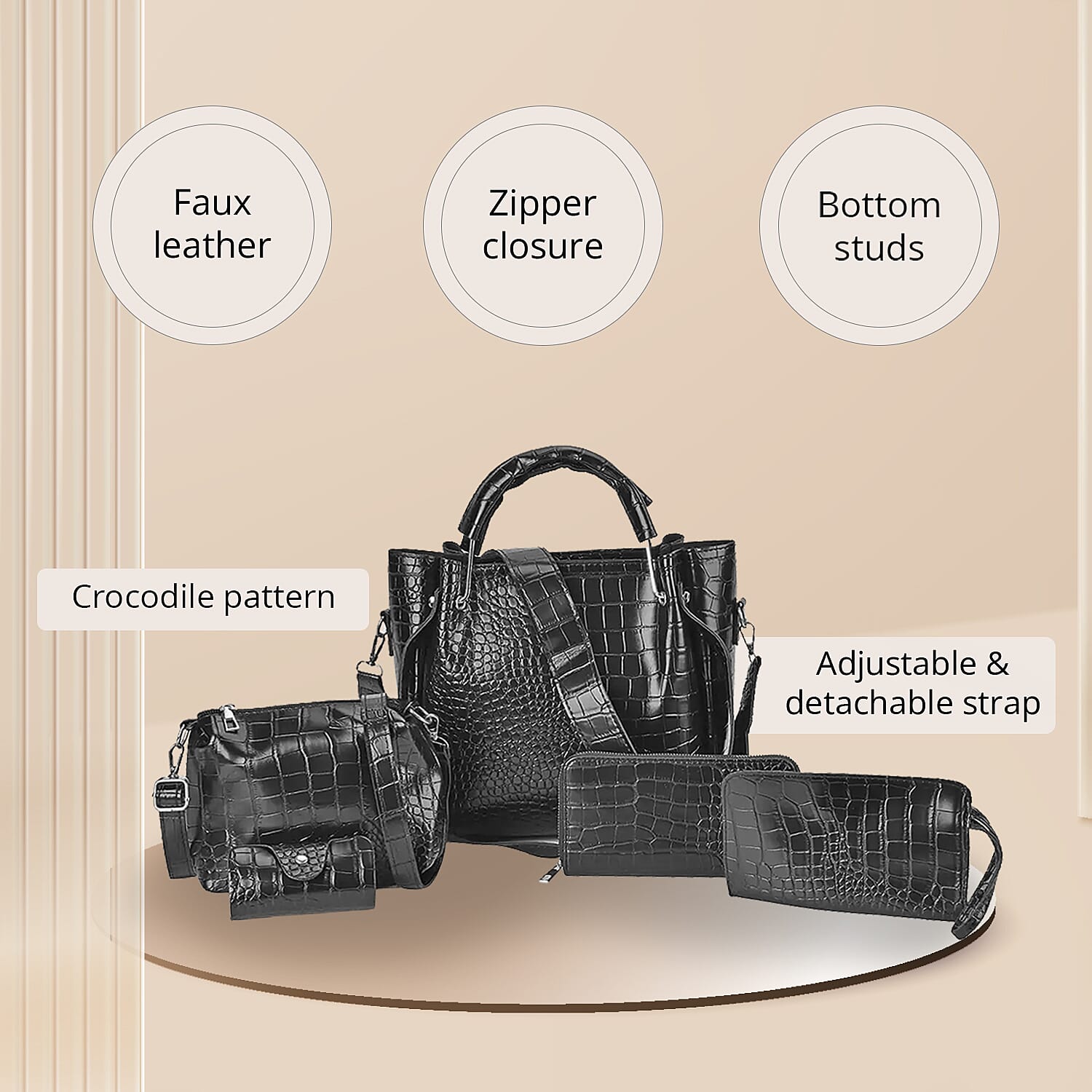 Set of 5pcs Crocodile Embossed Faux Leather Tote Bag, Crossbody Bag, Wrist Pouch, Wallet and Card Holder