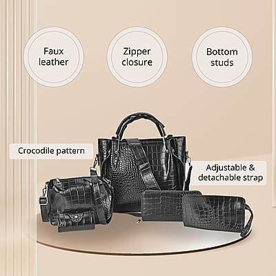 Set of 5pcs Crocodile Embossed Faux Leather Tote Bag, Crossbody Bag, Wrist Pouch, Wallet and Card Holder