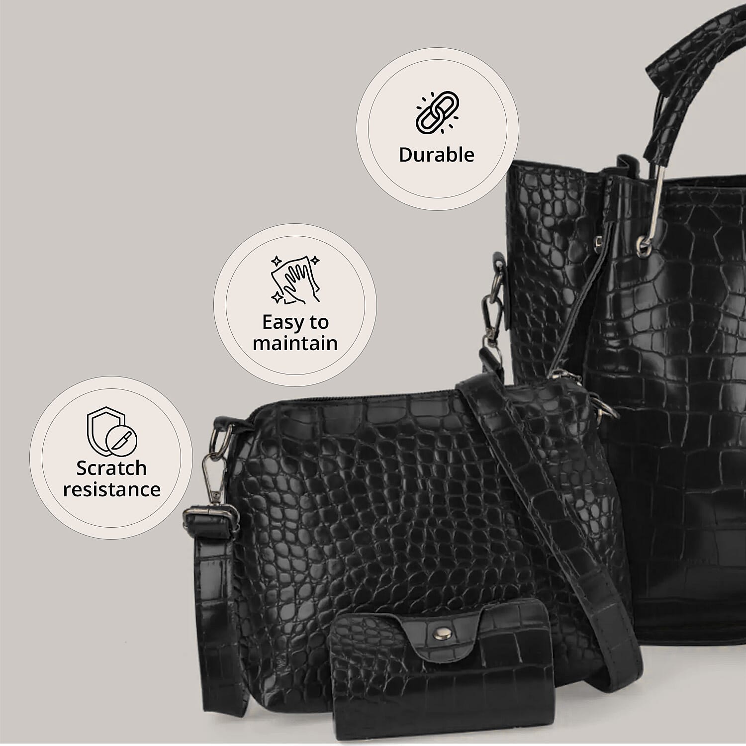 Set of 5pcs Crocodile Embossed Faux Leather Tote Bag, Crossbody Bag, Wrist Pouch, Wallet and Card Holder