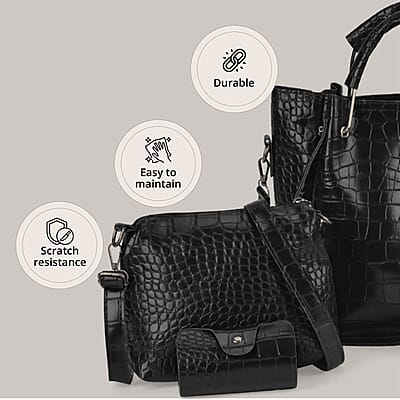 Set of 5pcs Crocodile Embossed Faux Leather Tote Bag, Crossbody Bag, Wrist Pouch, Wallet and Card Holder