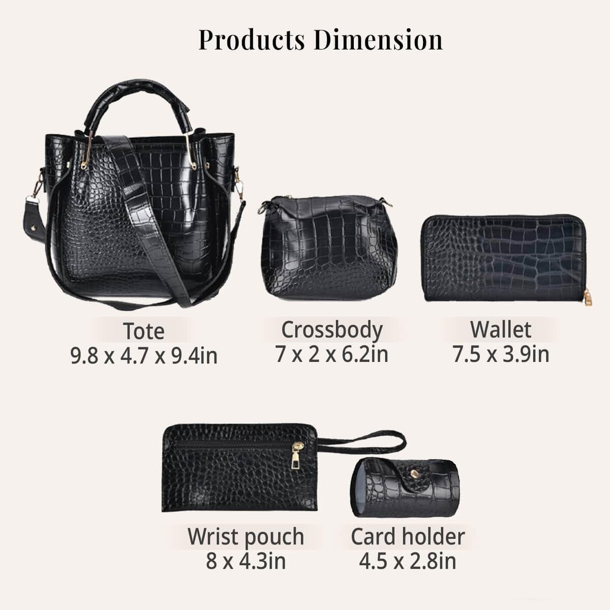 TLV Set of 5pcs Black Crocodile Embossed Faux Leather Tote Bag, Crossbody Bag, Wrist Pouch, Wallet and Card Holder (7.5"x3.9" - 9.8"x4.7"x9.4") image number 6