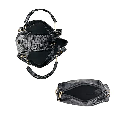 Set of 5pcs Crocodile Embossed Faux Leather Tote Bag, Crossbody Bag, Wrist Pouch, Wallet and Card Holder